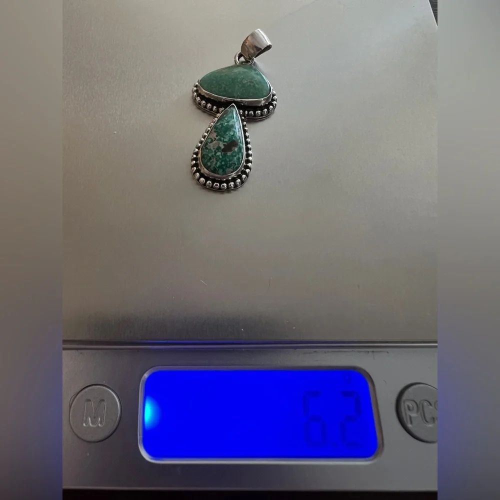 ❤️ White Water Turquoise Sterling Navajo 2 Stone Pendant 1.69” L - 6.2 Gram - Picture 5 of 12